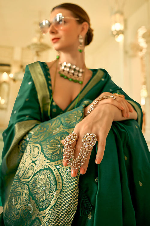 Load image into Gallery viewer, Flattering Dark Green Banarasi Satin Silk Saree With Demure Blouse Piece
