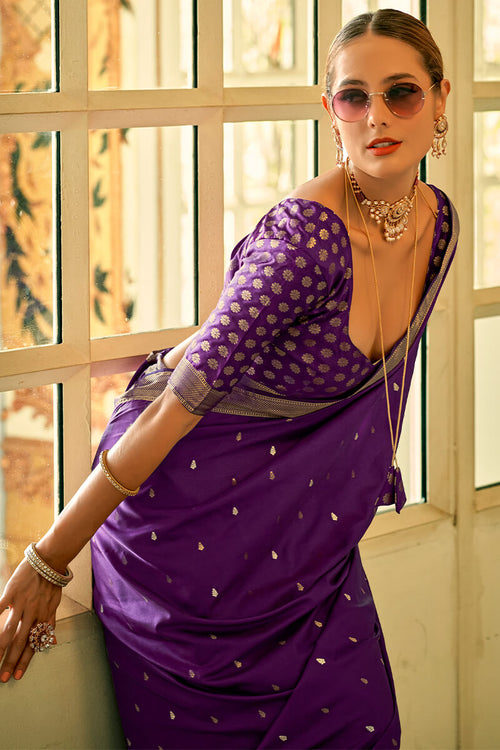 Load image into Gallery viewer, Brood Purple Banarasi Satin Silk Saree With Comely Blouse Piece
