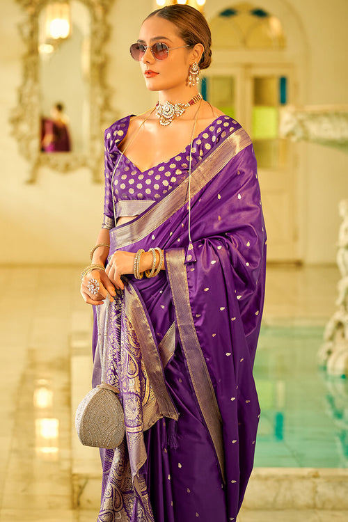 Load image into Gallery viewer, Brood Purple Banarasi Satin Silk Saree With Comely Blouse Piece
