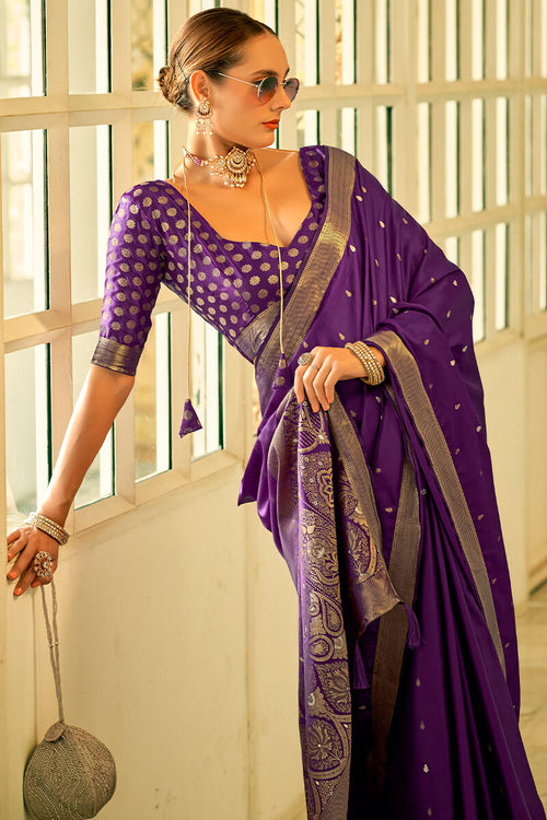 Load image into Gallery viewer, Brood Purple Banarasi Satin Silk Saree With Comely Blouse Piece
