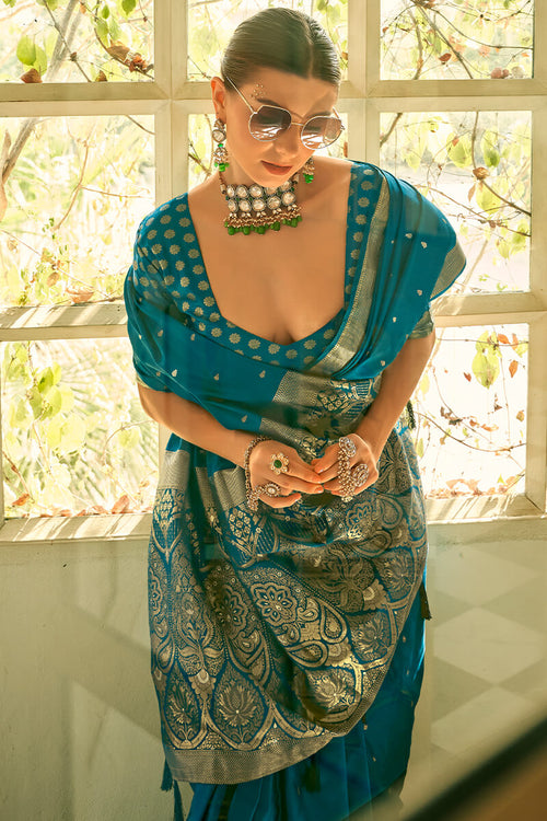 Load image into Gallery viewer, Admirable Rama Banarasi Satin Silk Saree With Inspiring Blouse Piece
