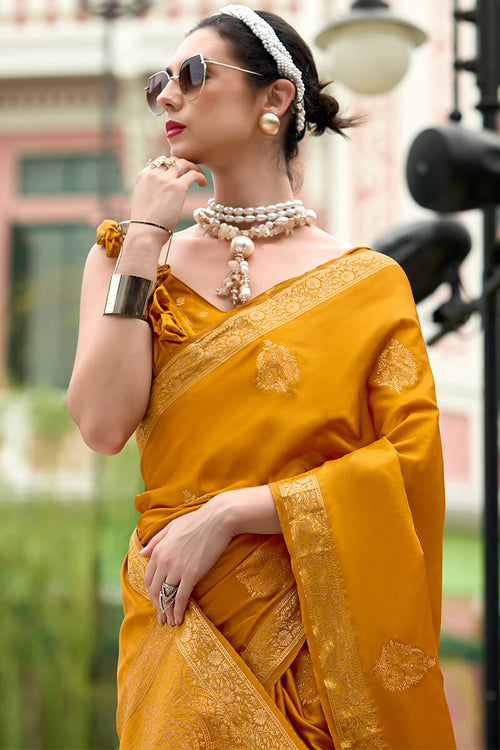 Load image into Gallery viewer, Susurrous Mustard Soft Banarasi Silk Saree With Moiety Blouse Piece
