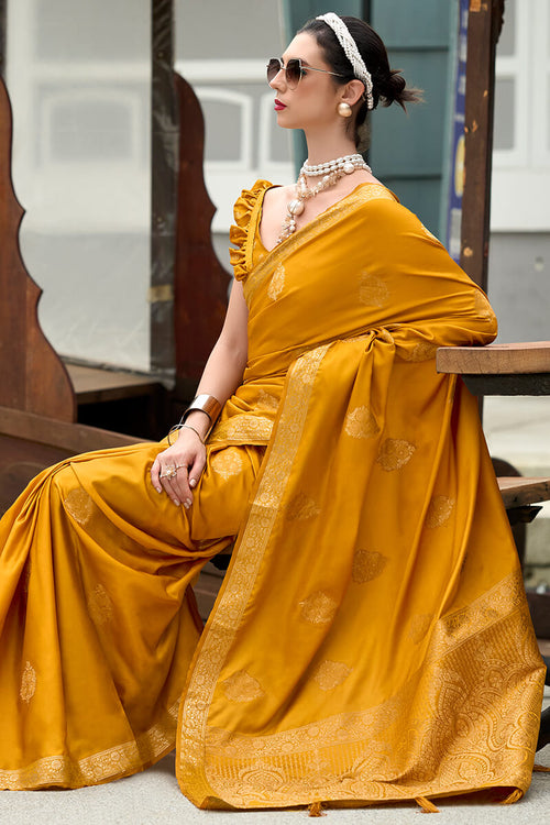 Load image into Gallery viewer, Susurrous Mustard Soft Banarasi Silk Saree With Moiety Blouse Piece
