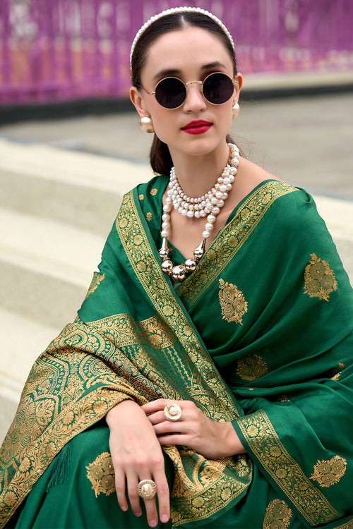 Load image into Gallery viewer, Ebullience Dark Green Soft Banarasi Silk Saree With Ideal Blouse Piece
