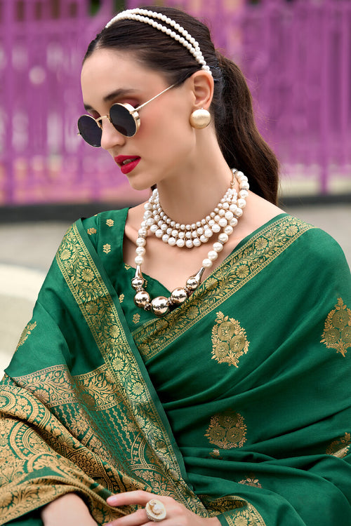 Load image into Gallery viewer, Ebullience Dark Green Soft Banarasi Silk Saree With Ideal Blouse Piece
