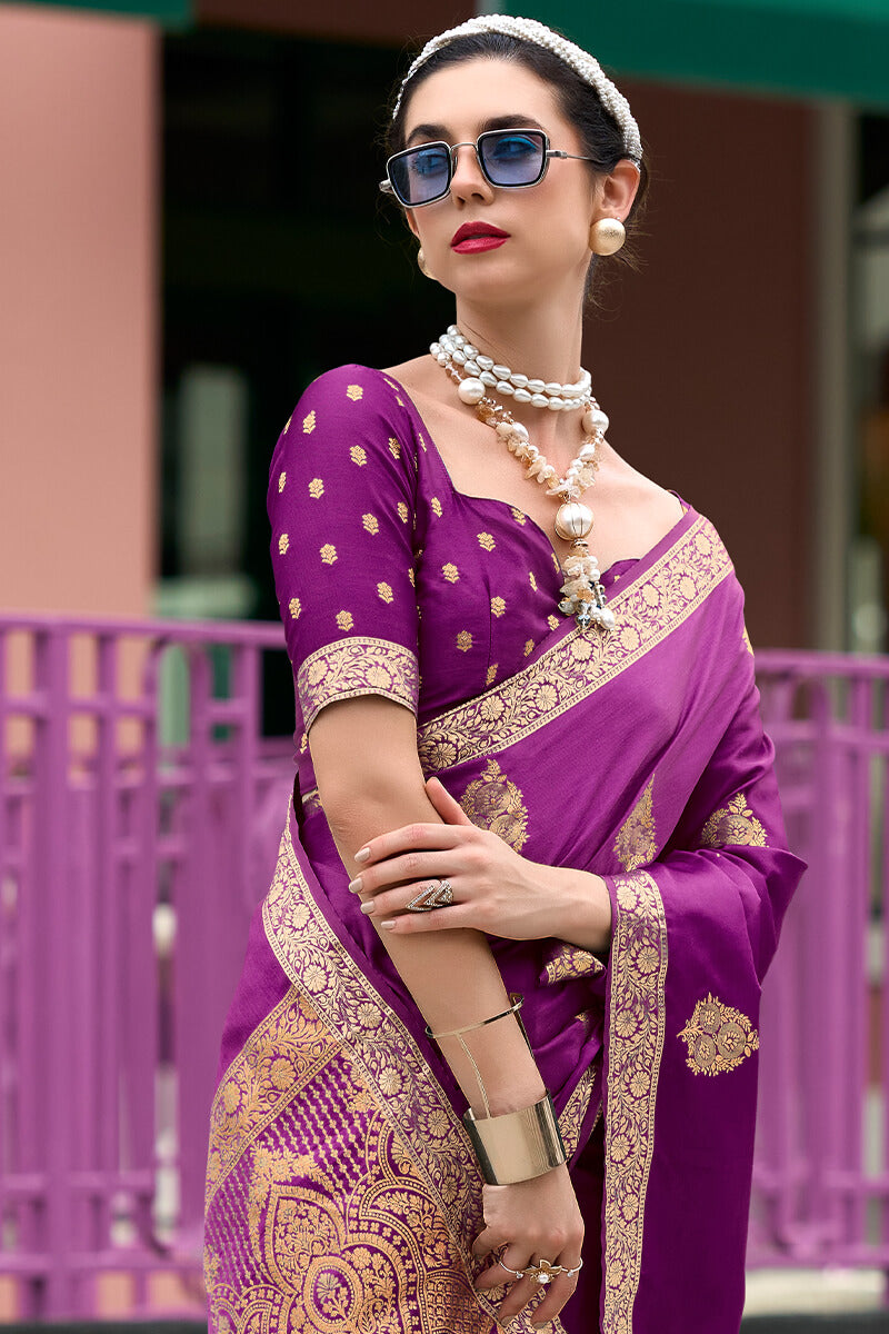 Glorious Purple Soft Banarasi Silk Saree With Arresting Blouse Piece