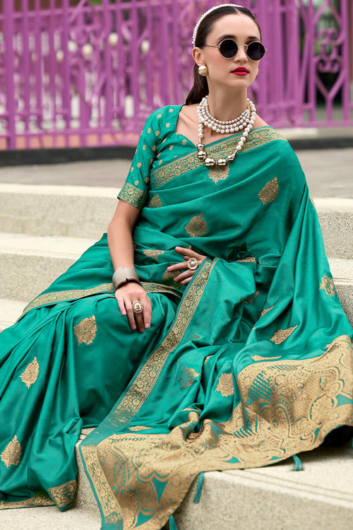 Load image into Gallery viewer, Staring Rama Soft Banarasi Silk Saree With Sensational Blouse Piece
