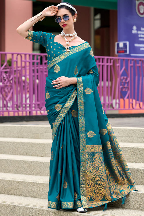 Load image into Gallery viewer, Appealing Teal Blue Soft Banarasi Silk Saree With Blissful Blouse Piece
