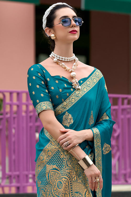 Load image into Gallery viewer, Appealing Teal Blue Soft Banarasi Silk Saree With Blissful Blouse Piece
