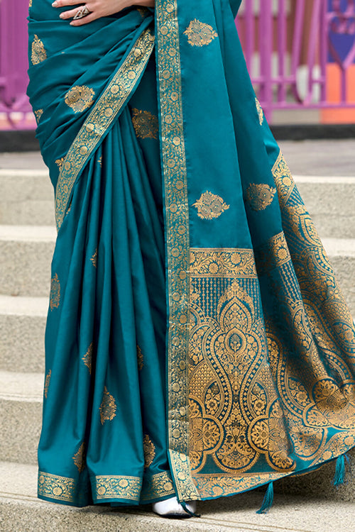 Load image into Gallery viewer, Appealing Teal Blue Soft Banarasi Silk Saree With Blissful Blouse Piece
