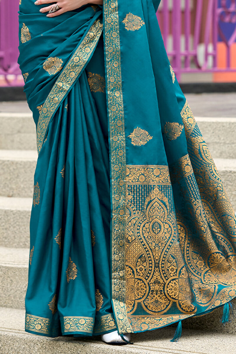 Appealing Teal Blue Soft Banarasi Silk Saree With Blissful Blouse Piece