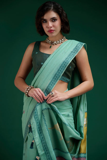 Fancifull Sea Green Jamdani Cotton Silk Saree With Confounding Blouse Piece