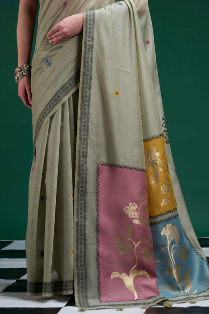 Amazing Pista Jamdani Cotton Silk Saree With Beguiling Blouse Piece