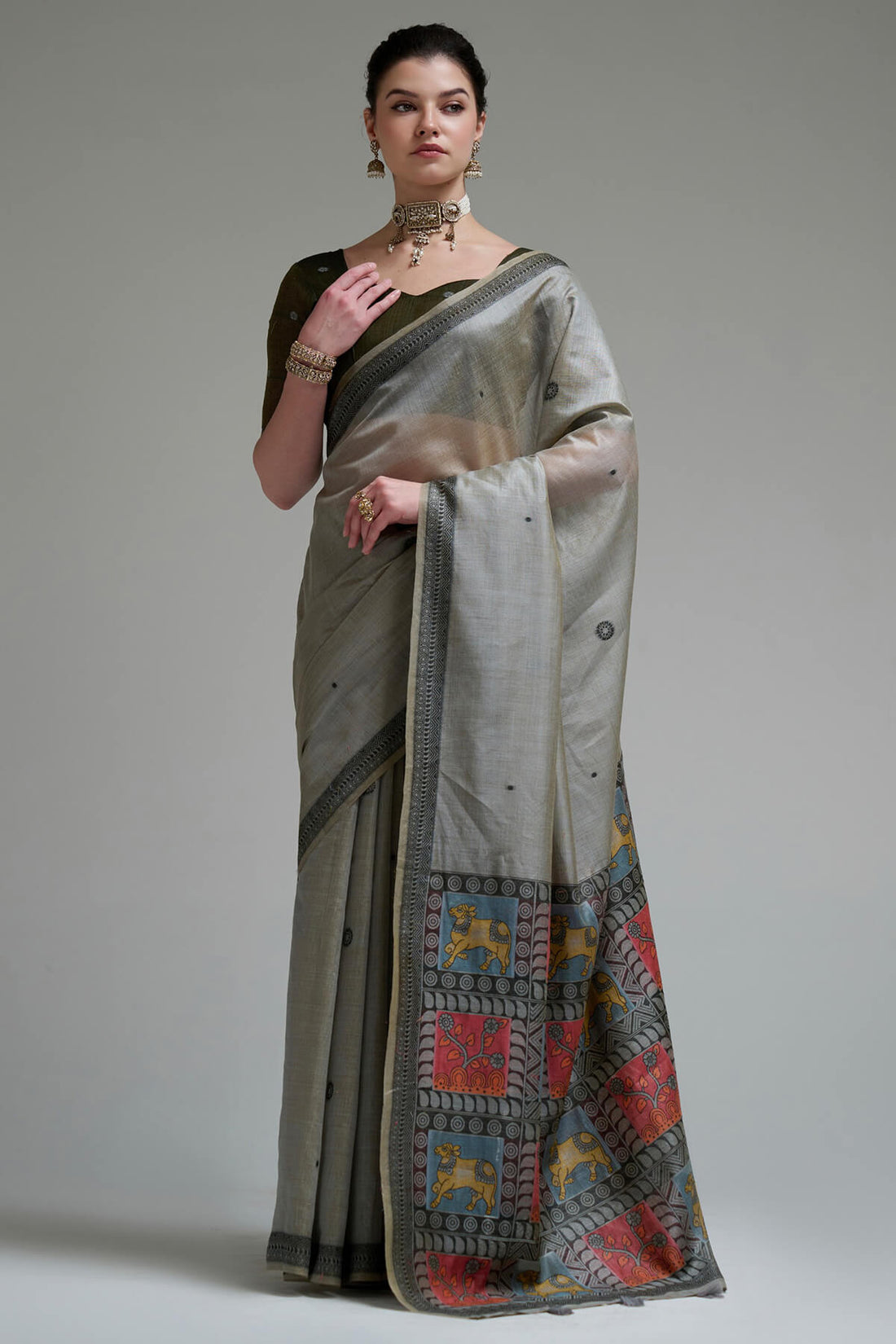 Lustrous Grey Jamdani Cotton Silk Saree With Cynosure Blouse Piece