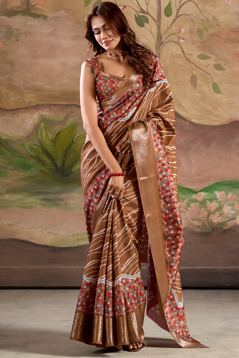 Adorable Brown Digital Printed Dola Silk Saree With Pretty Blouse Piece