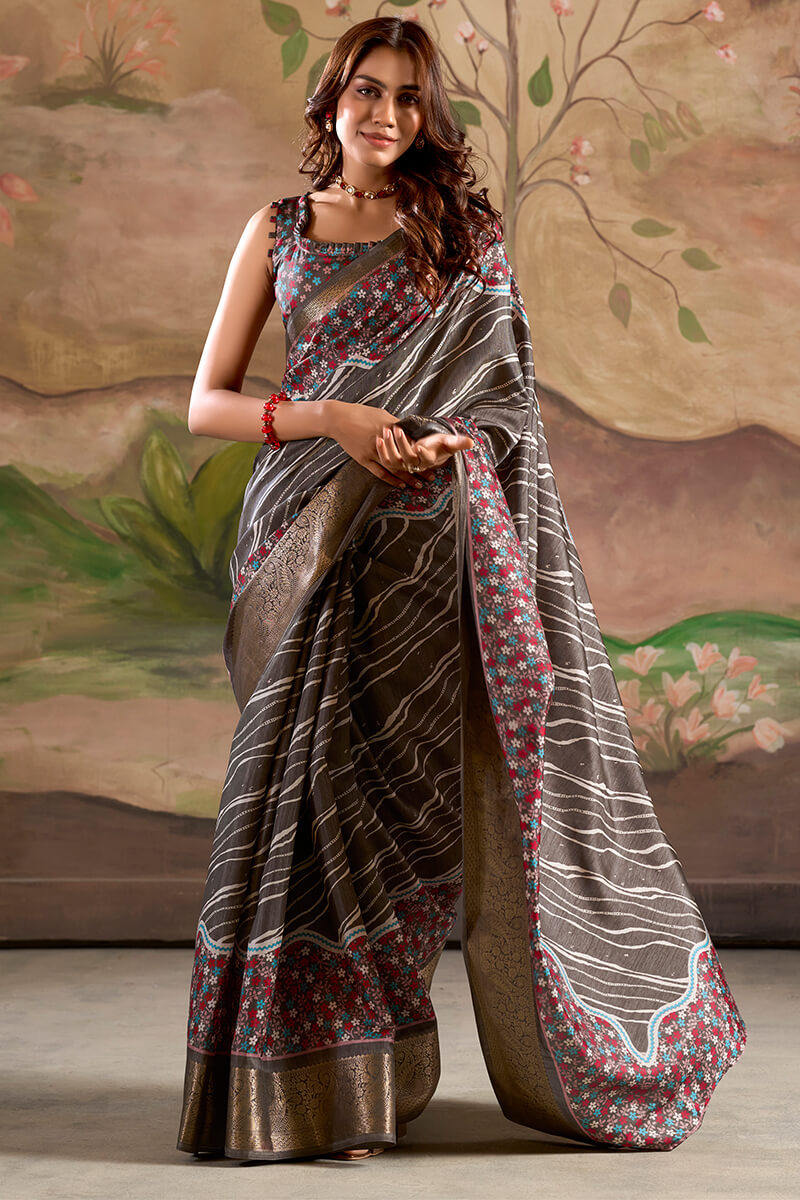Verdant Dark Gey Digital Printed Dola Silk Saree With Mellifluous Blouse Piece