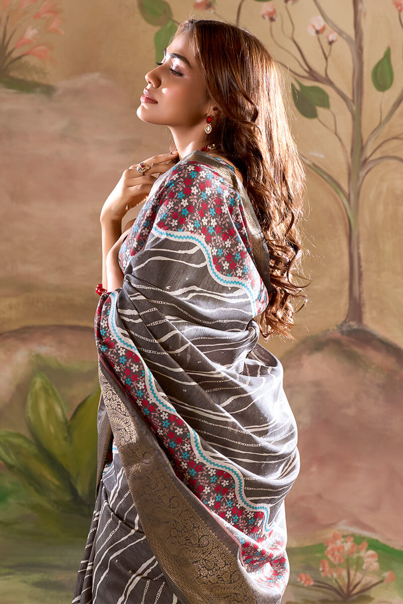 Verdant Dark Gey Digital Printed Dola Silk Saree With Mellifluous Blouse Piece