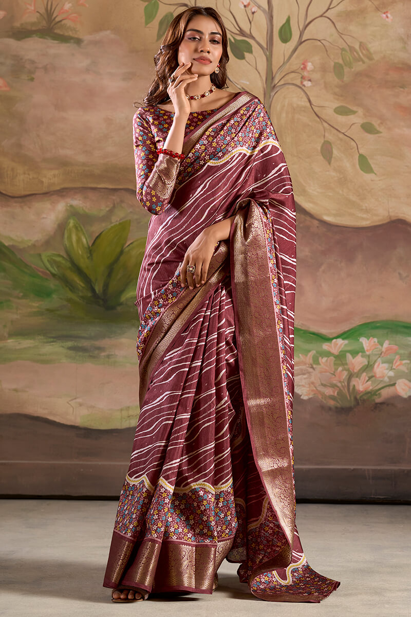 Rhapsody Wine Digital Printed Dola Silk Saree With Skinny Blouse Piece