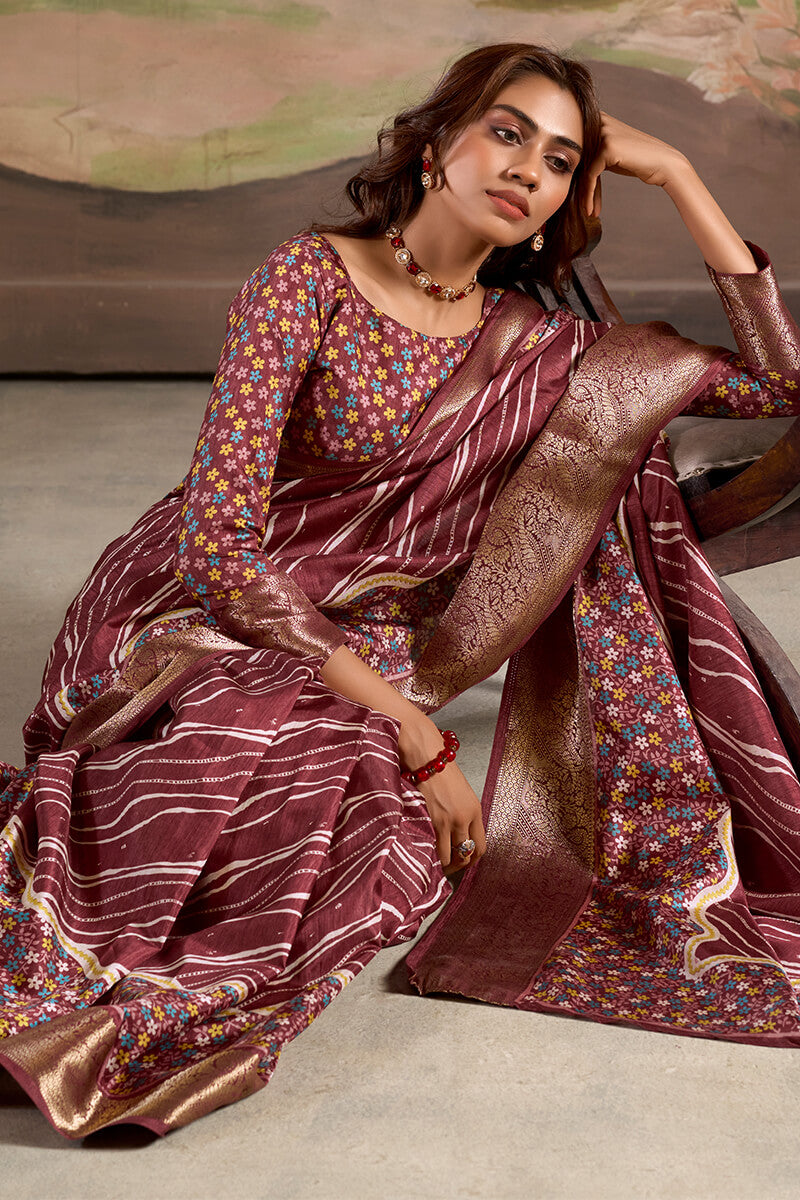 Rhapsody Wine Digital Printed Dola Silk Saree With Skinny Blouse Piece