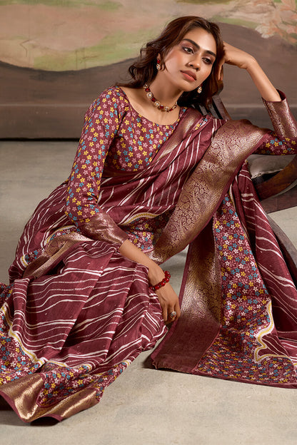 Rhapsody Wine Digital Printed Dola Silk Saree With Skinny Blouse Piece