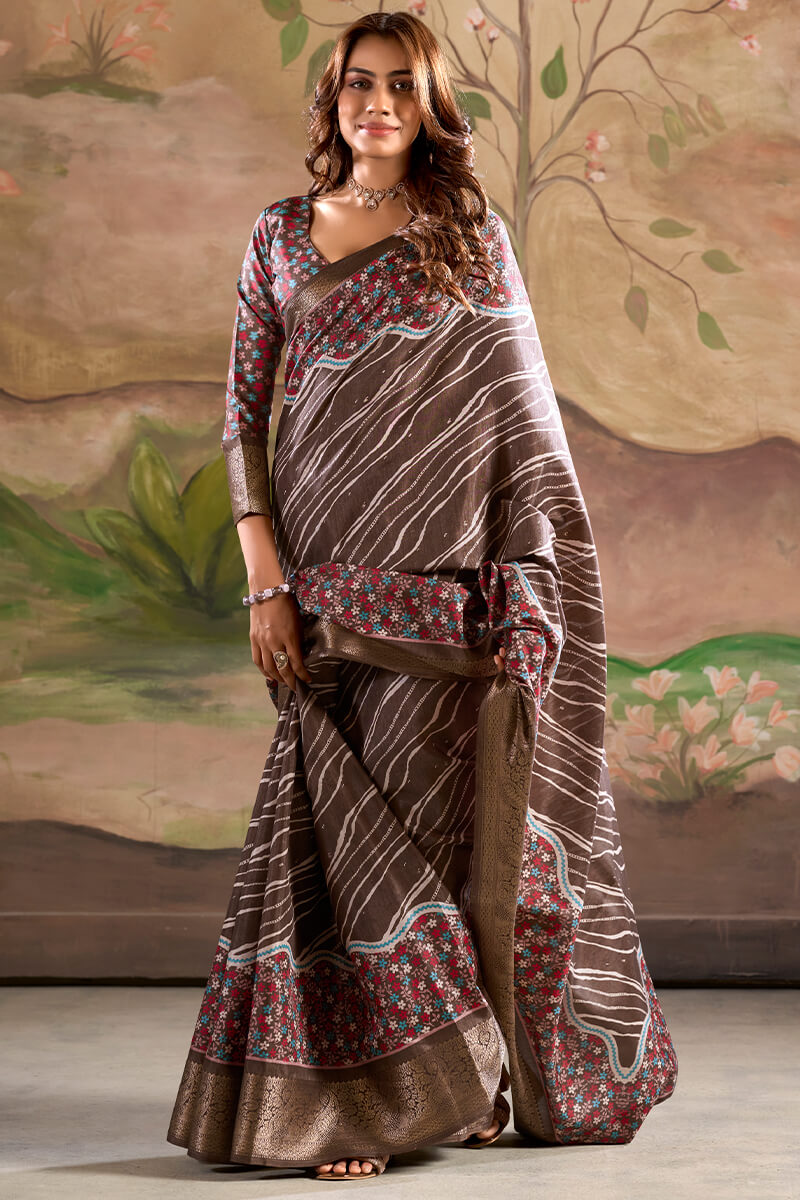 Wonderful Brown Digital Printed Dola Silk Saree With Trendy Blouse Piece