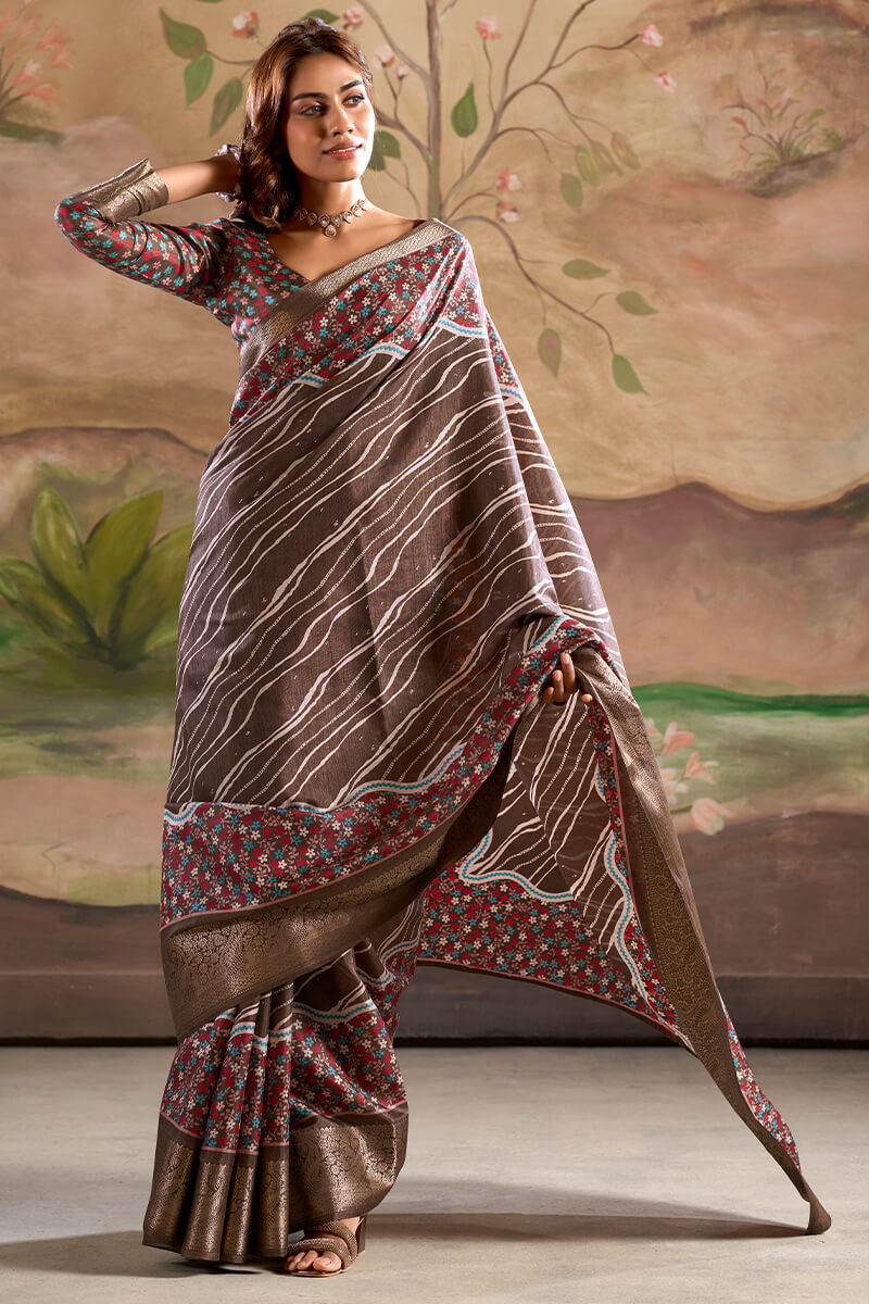 Wonderful Brown Digital Printed Dola Silk Saree With Trendy Blouse Piece
