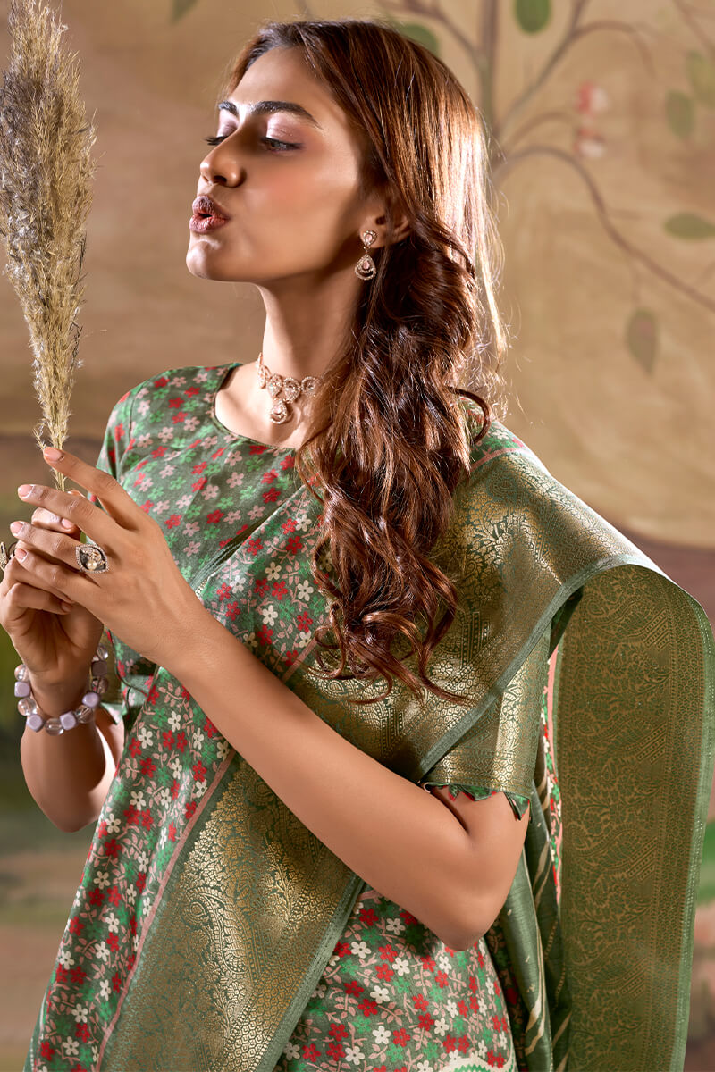 Impressive Green Digital Printed Dola Silk Saree With Twirling Blouse Piece