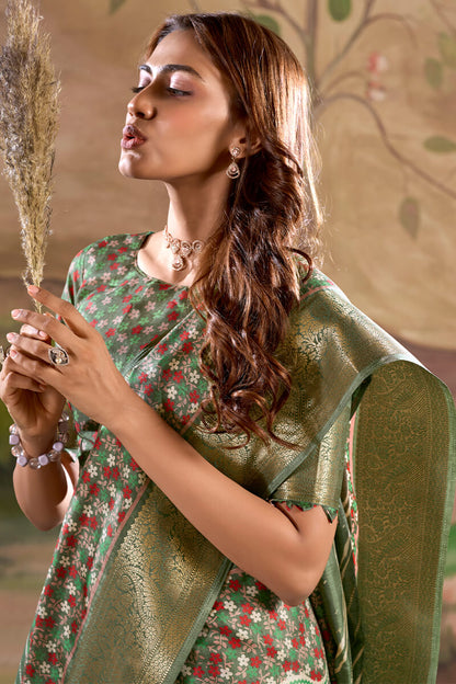 Impressive Green Digital Printed Dola Silk Saree With Twirling Blouse Piece