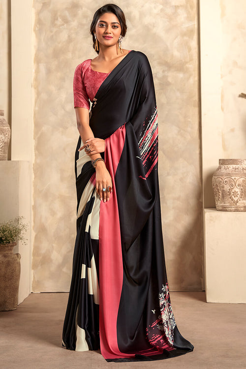 Load image into Gallery viewer, Attractive Black Digital Printed Satin Silk Saree With Skinny Blouse Piece
