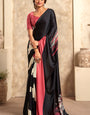 Attractive Black Digital Printed Satin Silk Saree With Skinny Blouse Piece