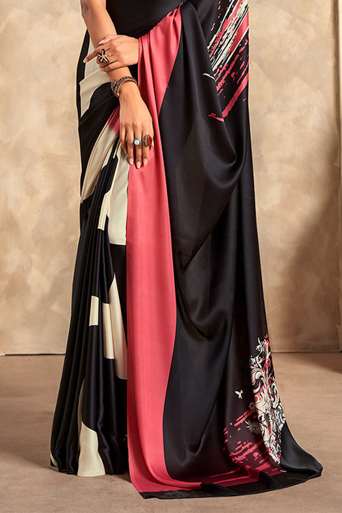 Load image into Gallery viewer, Attractive Black Digital Printed Satin Silk Saree With Skinny Blouse Piece
