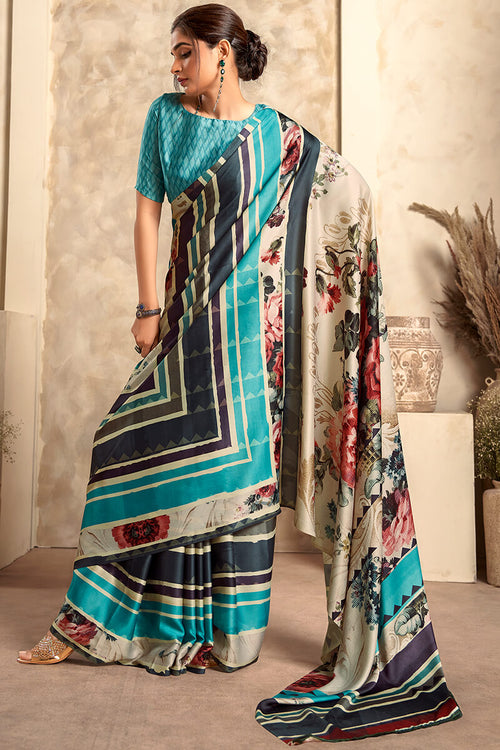 Load image into Gallery viewer, Precious Firozi and Black Digital Printed Satin Silk Saree With Attractive Blouse Piece
