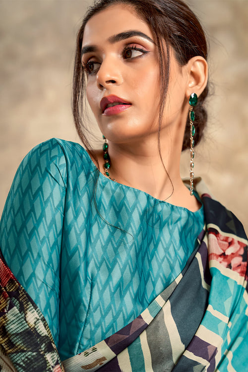 Load image into Gallery viewer, Precious Firozi and Black Digital Printed Satin Silk Saree With Attractive Blouse Piece
