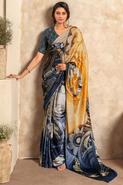 Staring Mustard and Blue Digital Printed Satin Silk Saree With Demanding Blouse Piece