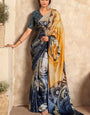 Staring Mustard and Blue Digital Printed Satin Silk Saree With Demanding Blouse Piece