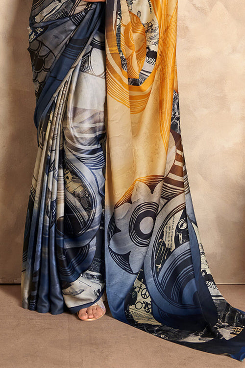 Load image into Gallery viewer, Staring Mustard and Blue Digital Printed Satin Silk Saree With Demanding Blouse Piece
