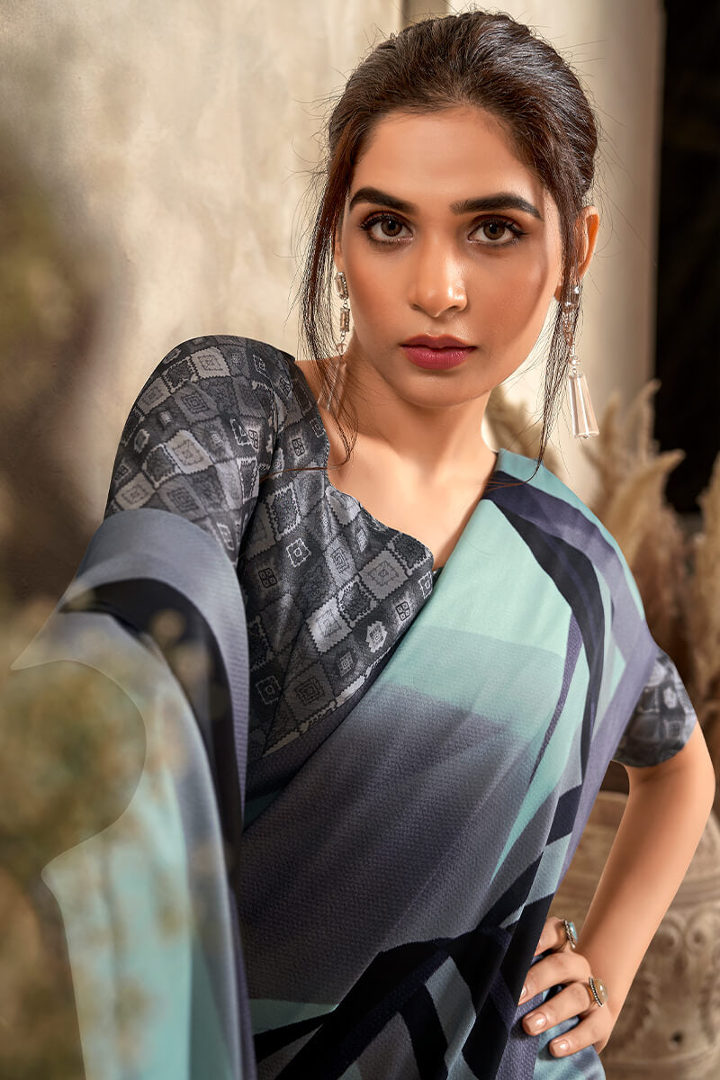 Engrossing Sky Digital Printed Satin Silk Saree With Groovy Blouse Piece