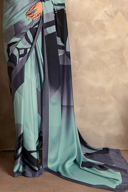 Engrossing Sky Digital Printed Satin Silk Saree With Groovy Blouse Piece