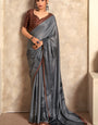 Pleasant Grey Digital Printed Satin Silk Saree With Glorious Blouse Piece