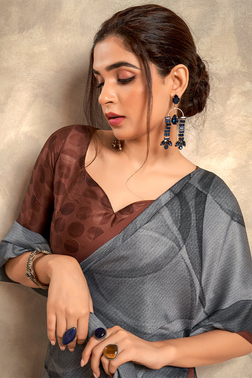 Load image into Gallery viewer, Pleasant Grey Digital Printed Satin Silk Saree With Glorious Blouse Piece
