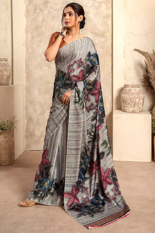 Load image into Gallery viewer, Stunner Grey Digital Printed Satin Silk Saree With Angelic Blouse Piece
