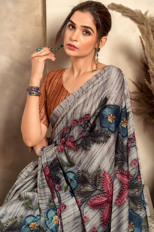 Load image into Gallery viewer, Stunner Grey Digital Printed Satin Silk Saree With Angelic Blouse Piece
