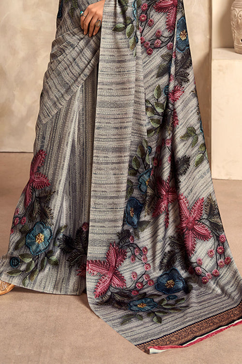 Load image into Gallery viewer, Stunner Grey Digital Printed Satin Silk Saree With Angelic Blouse Piece
