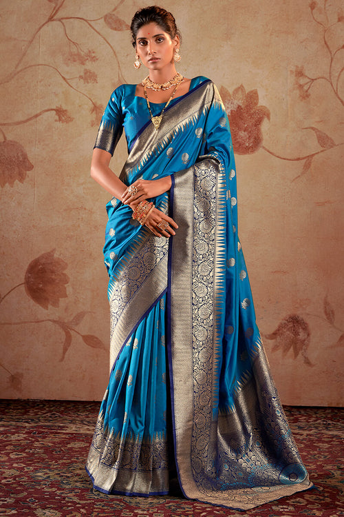 Load image into Gallery viewer, Capricious Blue Soft Banarasi Silk Saree With Exceptional Blouse Piece
