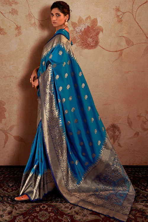 Load image into Gallery viewer, Capricious Blue Soft Banarasi Silk Saree With Exceptional Blouse Piece
