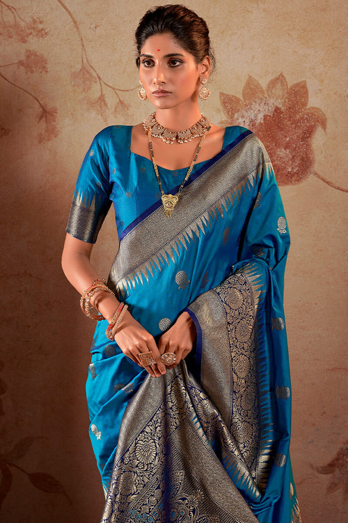 Load image into Gallery viewer, Capricious Blue Soft Banarasi Silk Saree With Exceptional Blouse Piece
