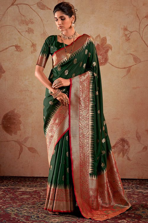 Load image into Gallery viewer, Classy Dark Green Soft Banarasi Silk Saree With Charming Blouse Piece
