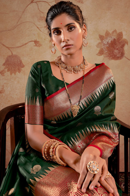 Load image into Gallery viewer, Classy Dark Green Soft Banarasi Silk Saree With Charming Blouse Piece
