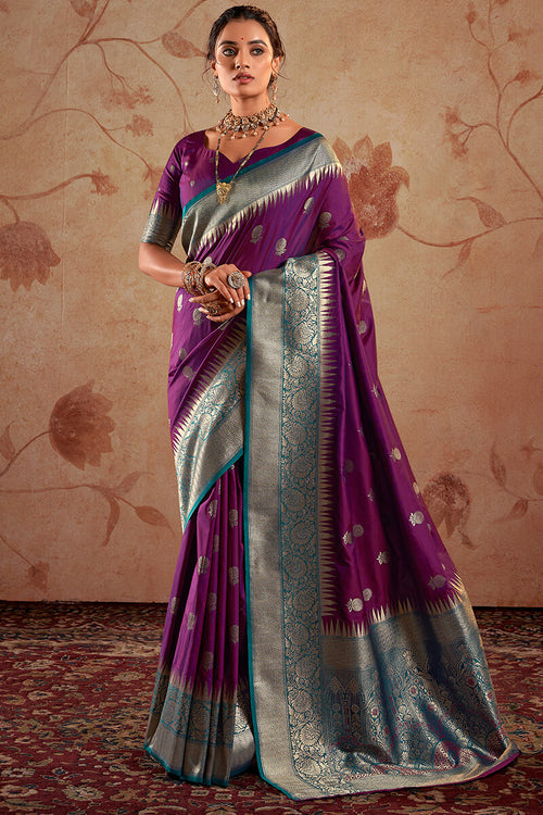 Load image into Gallery viewer, Assemblage Purple Soft Banarasi Silk Saree With Elision Blouse Piece
