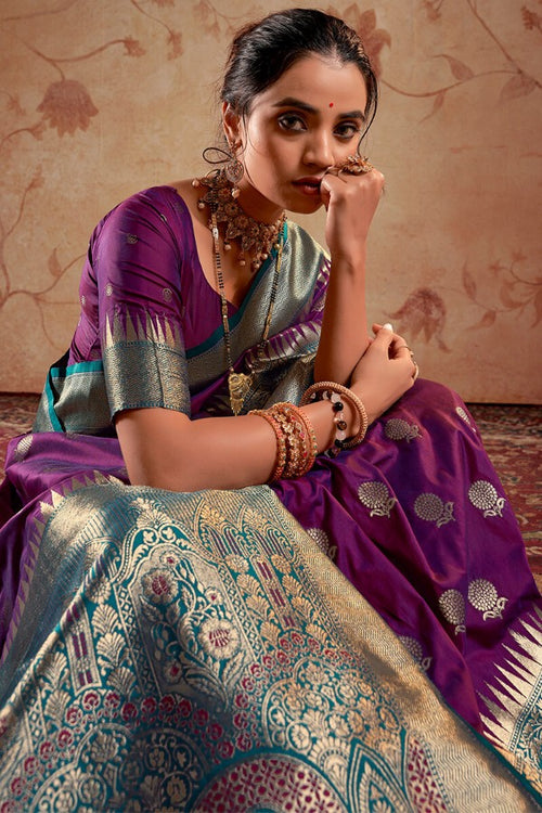 Load image into Gallery viewer, Assemblage Purple Soft Banarasi Silk Saree With Elision Blouse Piece
